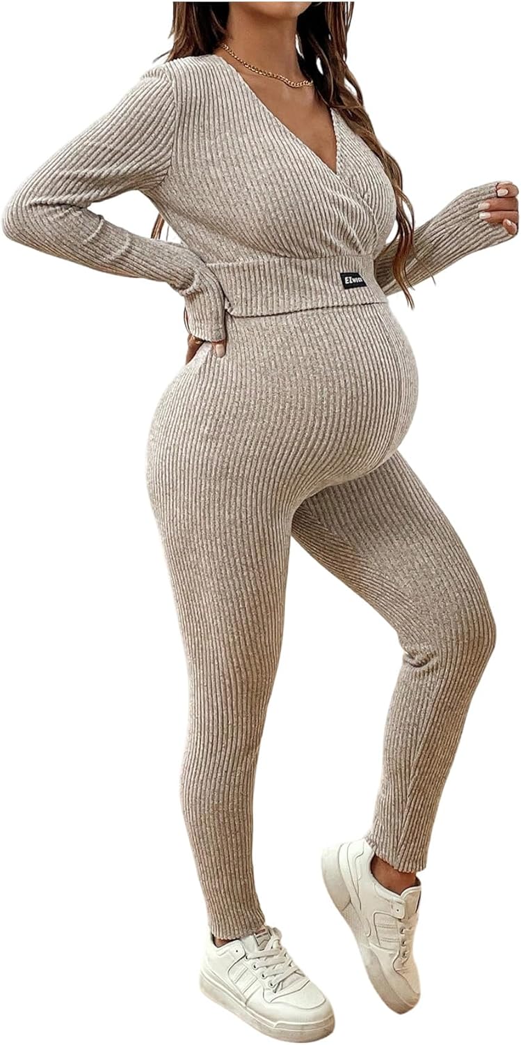 OYOANGLE Women's Maternity Ribbed Lounge Set Long Sleeve Wrap V Neck Crop Top and Leggings Pants Workout Sets - Image 1